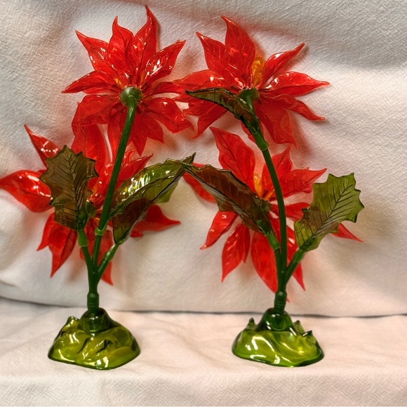 Vintage 60's Lucite Christmas Poinsettias Pair Red Green Glows C.K. Industries - Picture 5 of 12